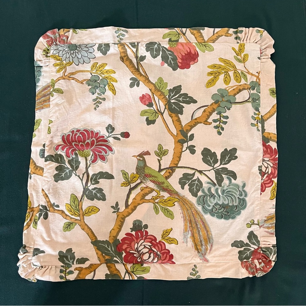 Pottery Barn Pillow Cover Flowers Birds Chinoiserie Garden Cotton/Linen 22” NWOT